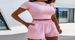 Women039s 2 Piece Outfit Set Cosy Sport Fitness Set Solid Color Round Neck Crop Kurzschläfe Top Short Hohe Taille Hosen Set SX1806186