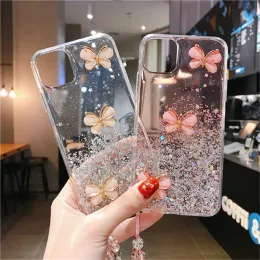 Huawei P20 P40 P50 P50 Pro Mate 20 30 Pro Y6 2019 Shiny Cover Coque 용 Bling Butterfly Glitter Lanyard 실리콘 전화 케이스