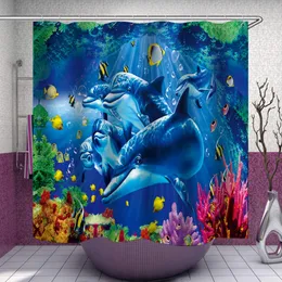 イルカのシャワーカーテン、青い水中の世界海洋生物、ポリエステルファブリックキッズオーシャンテーマバスルームの装飾セット12フック