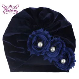 Nishine baby accessoarer nyfödda spädbarn barn pojke flickor indisk turban blomma sammet beanie hatt pärla blommor fasta mjuka mössor