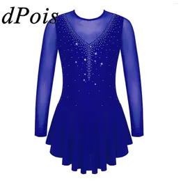 Scene Wear Girls Rhinestone Figure Skating Dress Sheet-Through Mesh Splice Ballet Leotards Dresses Performance Dancewear Ice