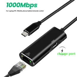 Kort USB C Ethernet Network Adapter USB till RJ45 CABLE PD Strömförsörjning för Samsung Xiaomi Huawei Telefon Laptop MacBook