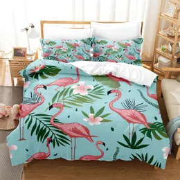 Foglie di palma verde flamingo da letto flamingo set tropicali isola isola fiori alberi rami paradiso uccelli copripiumino con federe