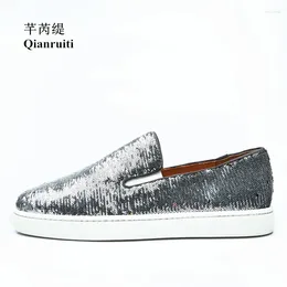 Casual Shoes Qianruiti Men Sequins Flat Slip-on Sneakers Low Top Silver Bling Runway Chaussures Hommes EU39-EU47