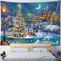 Jul tapestry vägg hängande vinter natt snöflinga älg jultomten hängande öppen spis filt gåva hemvägg dekorationer