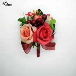 Meldel Burgundy Boutonniere Groom Corsage Bridal Wrist Corsage Bracelet Red Artificial Silk Rose Flower Wedding Meeting Supplies