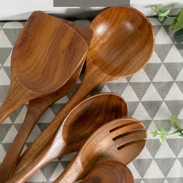 أدوات المائدة الخشبية الطبيعية خشب الساج مجموعة ملعقة غير عصا أدوات الطبخ الخشبية أدوات الطبخ تصميم خاص مقاوم للحرارة 6pcs