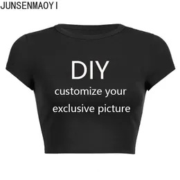 Your Exclusive DIY Print Pattern Customize Summer Short Sleeve O Neck Solid Color Cropped Navel Women Crop Tops Fashion T-Shirt 240410