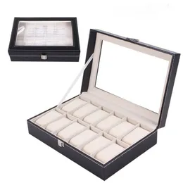 12 Grids Fashion Watch Storage Box PU Leather Black Watch Case Organizer Box Solder para Jewelry Display Collection257D