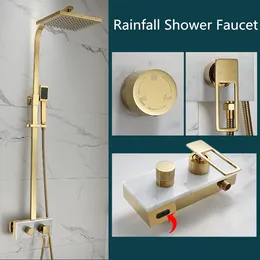 Tuqiu Rainfall Shower Sets Faucet Mixer Tap Brass Luxury 8インチゴールドマーブルバスシャワー蛇口セットシャワー蛇口