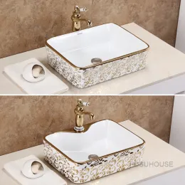 Europäischer Stil Gold Plattform Basin Haushaltswaschbecken Hochtemperatur Keramik Gold Waschspüle Hotel Badezimmer Waschbecken