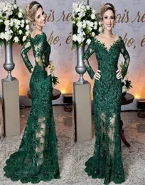 Eleganckie ciemnozielone szmaragdowe aplikacje koronkowe długie rękawy Sukienka Prom Sheer Mermaid PROM LADY Event Event Evening Maxi suknia Custo9272789