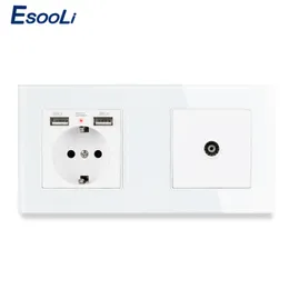 Esooli Black Crystal Glass Painel da UE Socket Electric com 2 USB + Conector de TV feminina 172*86mm Enchufe pared USB