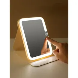 Rechargeable Tri Color Light LED Makeup Mirror with Light Square Leather Portable Folding Travel Light Compensating Mirror