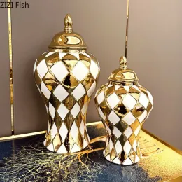 Diamantprüfung goldplattierter Keramik-Aufbewahrungsgläser in Ingwerglas Gold-plattierter Vase Blumenarrangement Desktop Schmuck Kosmetischer Behälter