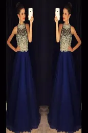 Elegante uma linha A Blue Royal Blue Prom Vestidos de Cristais de Minco High Neck CHIFFON DRESSOS LONGO DA NOITE PROM VODADE DE SOIREE 7485534