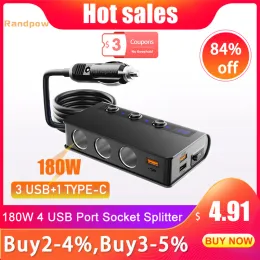 Randpow Leichter QC3.0 4 USB Port Car Ladegerät USB -Ladegerät 180W Zigarette Leichter Adapte Auto Power Adapter Typ C Sockel Splitter