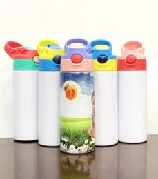 Ny tom sublimering Sippy Cup 350 ml Kid Water Bottle Heat Transfer Coated Cartoon 316 Rostfritt stål Children Water Cup Straw T5110353
