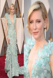 Neue Luxus -Oscars Cate Blanchett Promi rote Teppich Kleider Deep v Hals Sweep Zugfedern Blumen Abendkleider Long3141626