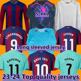 23 24 24 Koszulki piłkarskie Pedri Long Rleeve Lewandowski Gavi 2024 Lamine Yamal Ferran Raphinha F. de Jong Gundogan Camiseta de Futbol Football Shirt Men Kids Zestawy dla dzieci