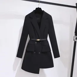 Blazer Dress Spring Autumn Office Lady Suit OL Black Womens Jacket Double Breasted Slim Waist Coat S3XL 240411