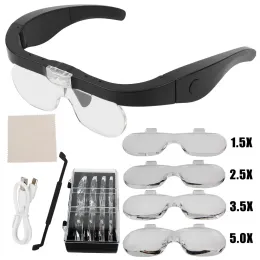 Blenders Headmounted Magnifying Glasses With LED Light For Reading Watchmaker Repair USB Rechargeable Magnifier 1.5X 2.5X 3.5X 5.0X