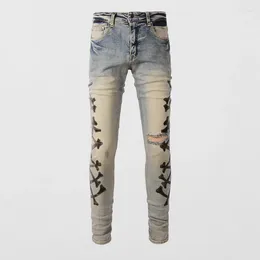 Designer di jeans maschile maschile retrò stretch slice fit patched hole pantaloni streetwear hip hop marchio pantaloni hombre