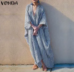 Vonda Plus Size Bohemian Women Striped Dress 2019 Autumn Sexy v Neck Irregular HEM Party Maxi Long Dresses Casual Loose7619975