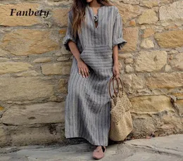 Women FanBety Vintage Cotton Linen Daske Abito estate Sexy V Neck Kaftan Abito a righe a maniche lunghe elegante Elegante abito maxi boho1352082