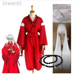Anime Costumes Anime Inuyasha Cosplay Costume Red Japanese Kimono Man Robe Costume Clothing With Wigs Ears and Necklace For Halloween Party 240411