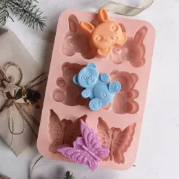 6 cavità orso di coniglio in silicone sapone stampo stampo farfalla a candela in gesso stampo fai da te al cioccolato di ghiaccio che produce regali per decorazioni per la casa