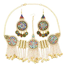 Vintage afghansk zigenare långa kedjor klockor tofs huvudstycke örhängen indisk etnisk stamfestival fest pannband hår smycken uppsättningar