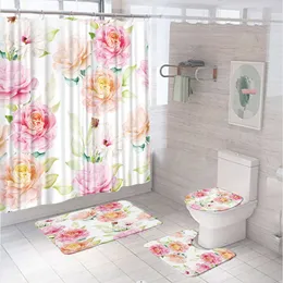 Pink Blossom Flower Shower Curtain Set With Rug Lid Toalett Cover Bath Mat Watercolor Abstract Floral Badrumsgardin Polyester