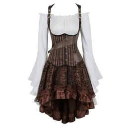 Стимпанк корсет ремней, выпуклый жилет с готической эпохичленной блузкой асимметричная кружевная юбка набор плюс бурлеск костюм