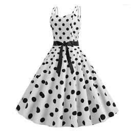 Casual Dresses Summer Spring Dress Retro Dot Elegant A-Line Midi med Bow Decor Print för kvinnliga fester bröllop