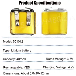 501012 3.7 V Lipo Lithium Polymer wiederaufladbarer Akku 50mah für Bluetooth -Headset, Autoschlüssel, UAV, Smart Electronic Device General