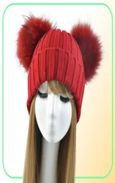 Winter echter Pelzkugel Beanie Hut für Frauen Damen y Doppel natürlicher Waschbär Fell Pom Schädel Beanie Hut mit 2 Pompom1268512