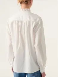 Kadın bluzları kadınlar beyaz pamuklu gömlekler uzun kollu dantel trim standı yaka bluz tek göğüslü bayanlar zarif gömlek ve üstler