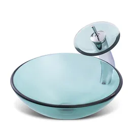 Blue Transparent Crystal Glass Bathroom Sinks Bathroom Washbasin 42cm Round Basin Washroom Hand Wash Pool with Waterfall Faucet