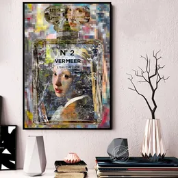 Vintage Mona Lisa Profume Bottle Girl con orecchini di perle poster di fiori Arte Wall Art dipinti Stampe soggiorno decorazioni per la casa