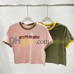 Crop Tees Top Embroidery Letter Women T Shirts Summer Breattable Crew Neck Tees Fashion Contrast Color Kort ärm Tshirt