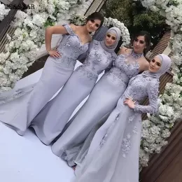 Modest Arabic Dubai Long Sleeve Bridesmaid Dresses Mermaid High Neck Appliques Wedding Guest Maid of Honor Gowns Evening Prom