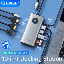 Hubs Orico Docking Station Typ C Hub bis 4K60Hz Hdmicompatible USB 3.0 -Adapter RJ45 PD100W Gebühr für MacBook Pro -Laptop -Zubehör