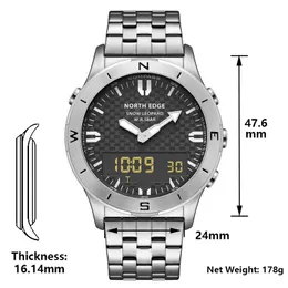North Edge Men's Digital Sport Watch For Men Steel Band impermeabilizada 50m Altímetro Barômetro Compass Military Wristwatch