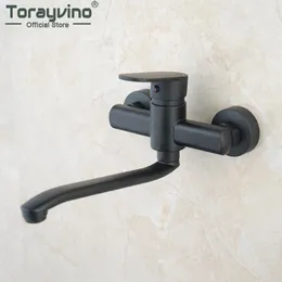 Zlew łazienkowy krany Torayvino Mat Black Faucet Pojedynczy uchwyt podwójny otwór Washbasin Tap Wal Mikser Water Mikser