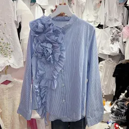 Frauenblusen Mode dreidimensionale Blumen gekräuselte unregelmäßige Nähte Bluse Frauen High-End-Blue Striped Hemd Langarmed Blusas