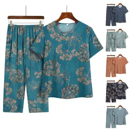 2pcs/set women pajamas set floral print Elastic Waist Wide Leg Pounsers Tシャツパンツセット中年祖母ホームウェア