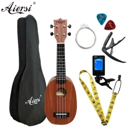 Cabide aiersi de 21 polegadas set ukelele mogno 4 string guitarra soprano pineapple gecko ukulele com stap string string capo sintonizador