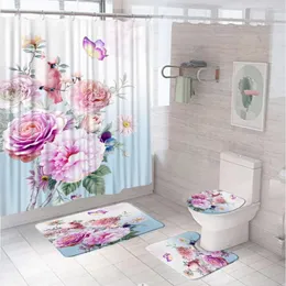 Cortinas de chuveiro Peony Floral Bird Butterfly Cortina Set Scel Banheiro