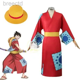 Anime Costumes Anime Luffy Cosplay Costume Wano Country Monkey D. Luffy Cosplay Kimono for Man Adults Red Cardigan Hat Halloween Costumes 240411